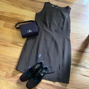 Maggy London dress. Brown. Knee length. Brown purse. Shoes. Size 9.